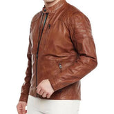 Men's Biker Quilted Brown Leather Jacket